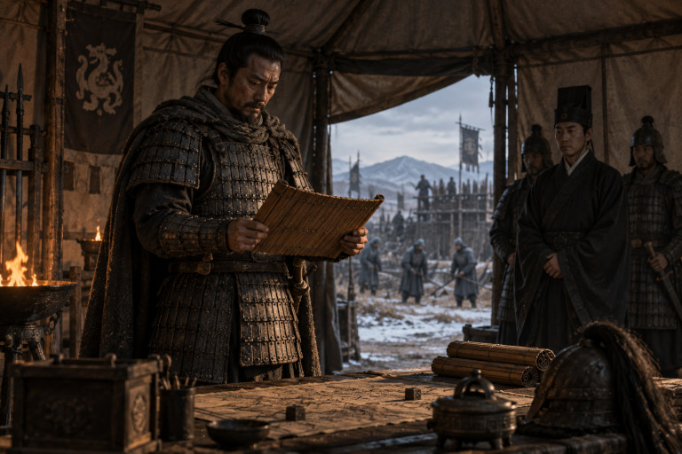 AI-generated image of an ancient Chinese general reading a bamboo decree inside a military command tent while a royal messenger and guards wait nearby.