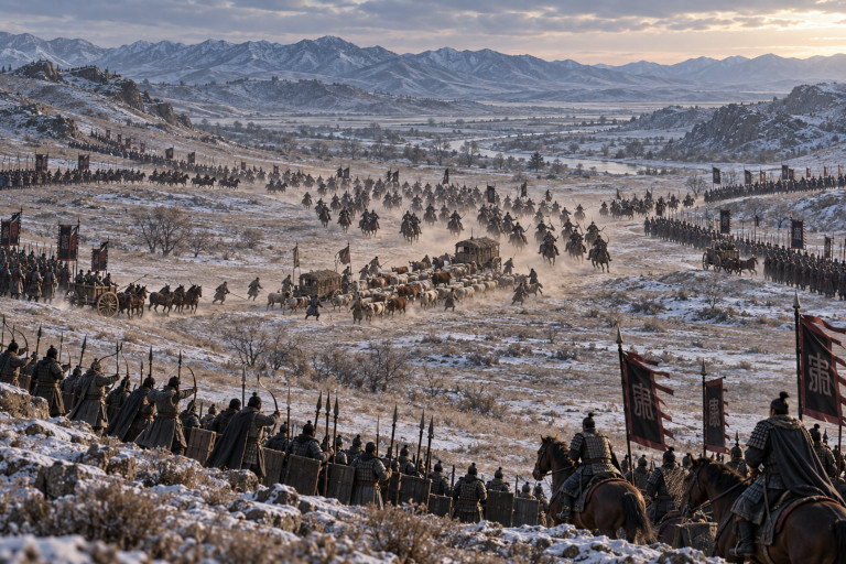 Li Mu deliberately allowed his troops to suffer an apparent defeat, leaving behind several thousand men and livestock to lure the enemy into a trap.