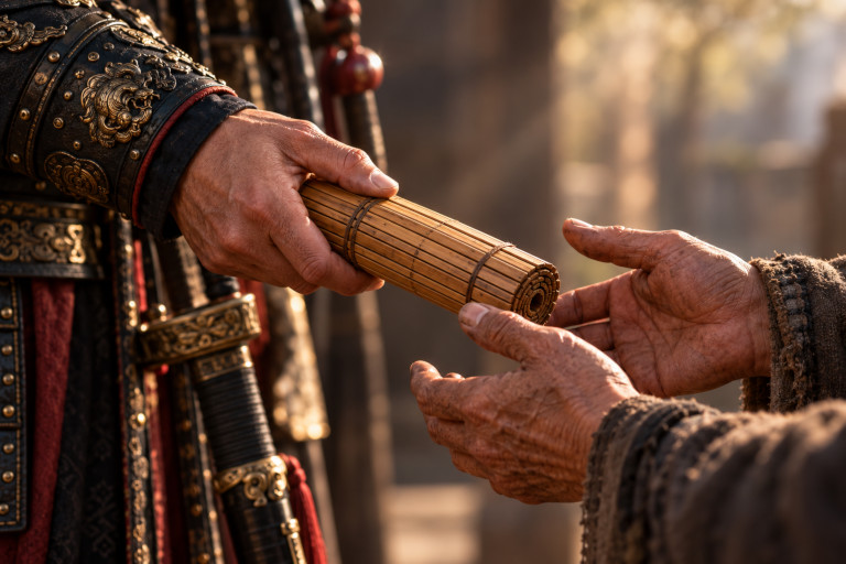 AI-generated image of an armored general handing a rolled bamboo document to a man in humble clothing.