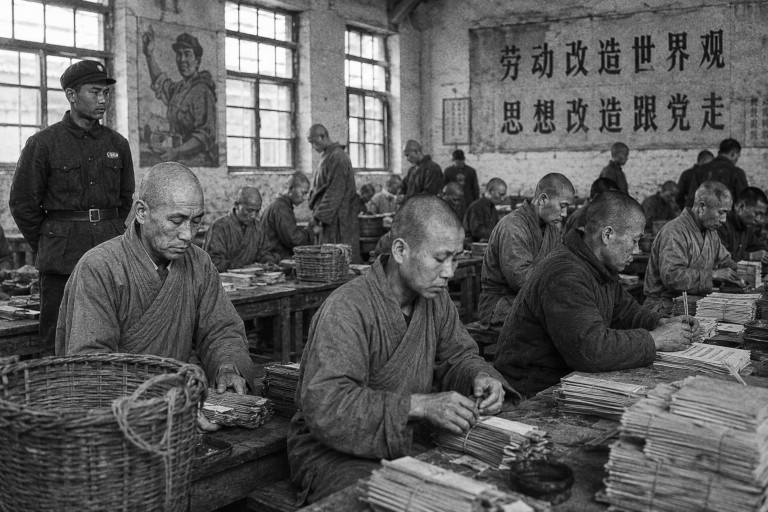 AI-generated image of Buddhist monks performing heavy manual labor under the supervision of Communist officials in mid-20th-century China.