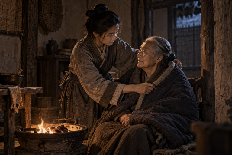 AI-generated image of an adult child wrapping a warm robe around an elderly parent beside a small brazier in a humble home.