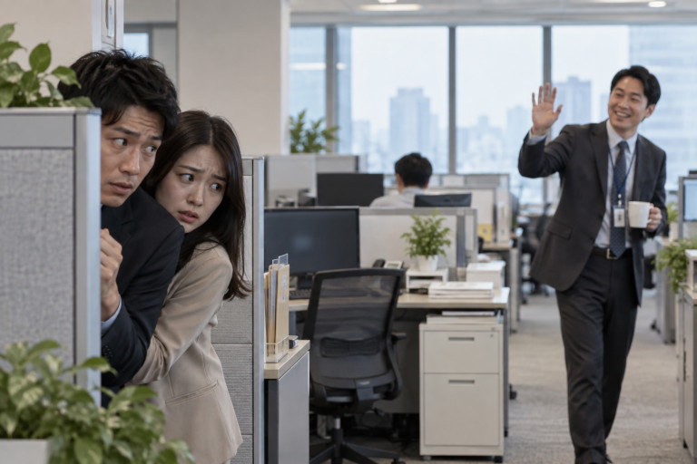 AI-generated image of two office workers ducking behind a cubicle to avoid a smiling colleague who is waving to them.