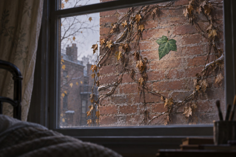 AI-generated image of a single green ivy leaf painted on a brick wall among bare autumn vines.