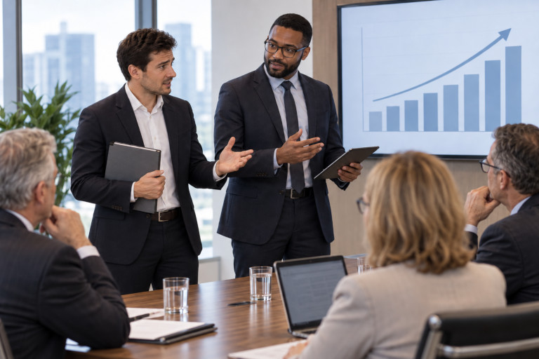 AI-generated image of a project manager and a Finance Department colleague jointly presenting a proposal to senior management for increased funding.