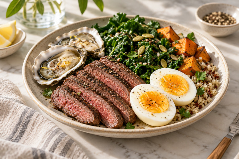 AI-generated image of sliced lean beef, boiled eggs, oysters, greens, and whole grains arranged on a plate.