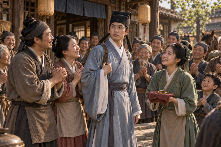AI-generated image of a young scholar surrounded by a grateful innkeeper’s family and neighbors after he returned a lost gold bracelet.