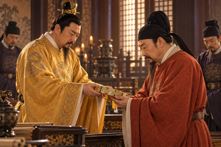 AI-generated image of Emperor Taizong presenting a ceremonial belt to Fang Xuanling as attendants stand nearby in an early Tang court chamber.