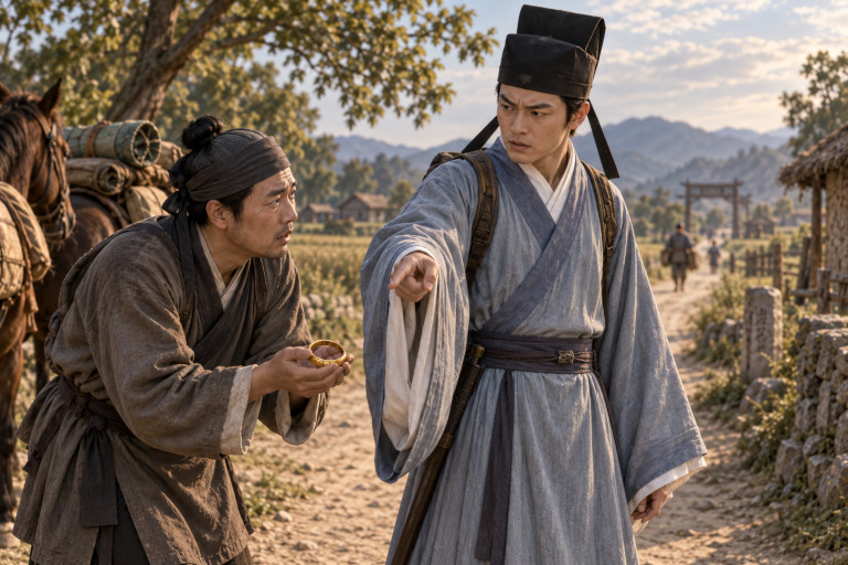 AI-generated image of Ming Dynasty scholar angrily confronting his servant on the road after the servant reveals a gold bracelet he secretly kept.