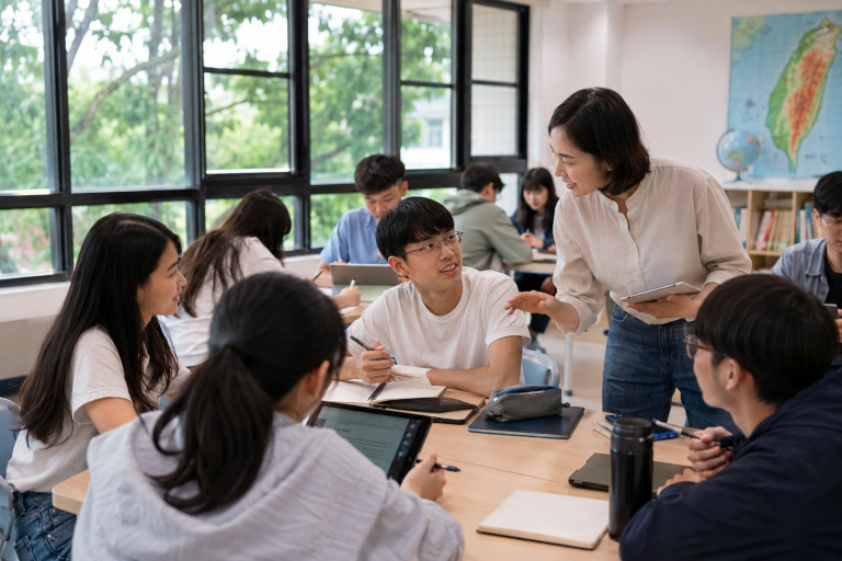 AI-generated image of a teacher speaking with students in a bright classroom as they work together at tables in a collaborative learning environment.