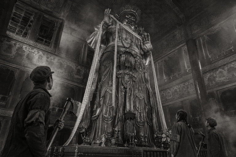 AI-generated image of Red Guards confronting the towering Maitreya Buddha statue inside Beijing’s Yonghe Temple during the Cultural Revolution.