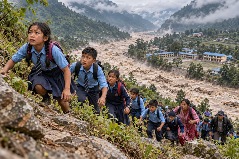 Under the principal's direction, students on campus evacuated immediately to higher ground.