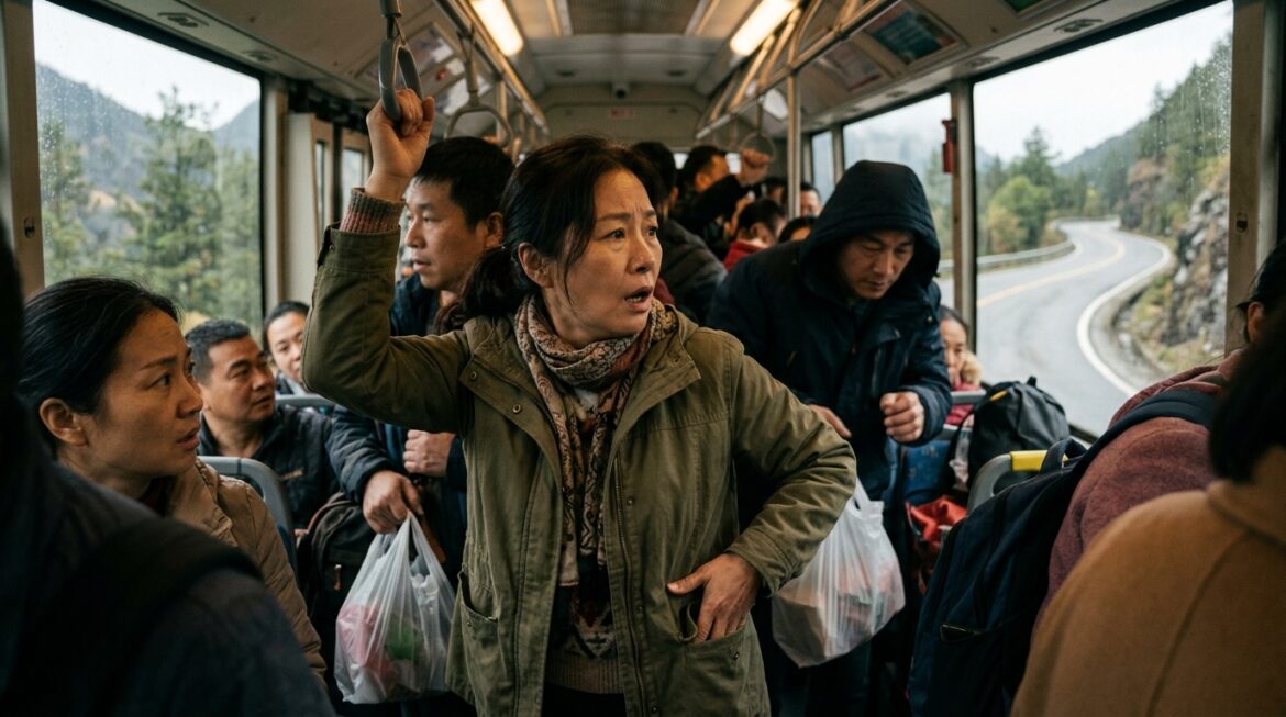 A Chinese woman on a crowded bus.