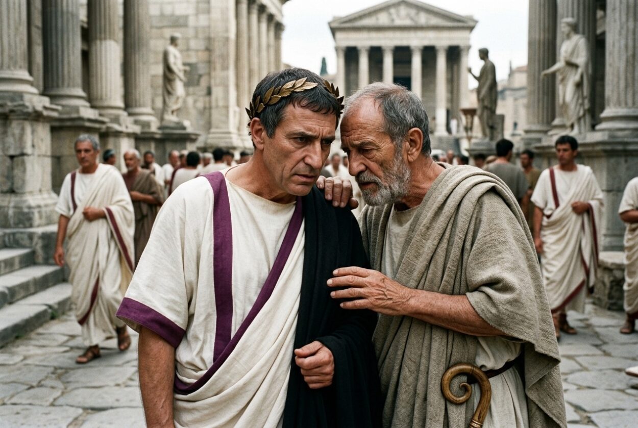 Spurinna pulled Caesar aside, lowered his voice, and solemnly warned him that a great danger was looming over him.