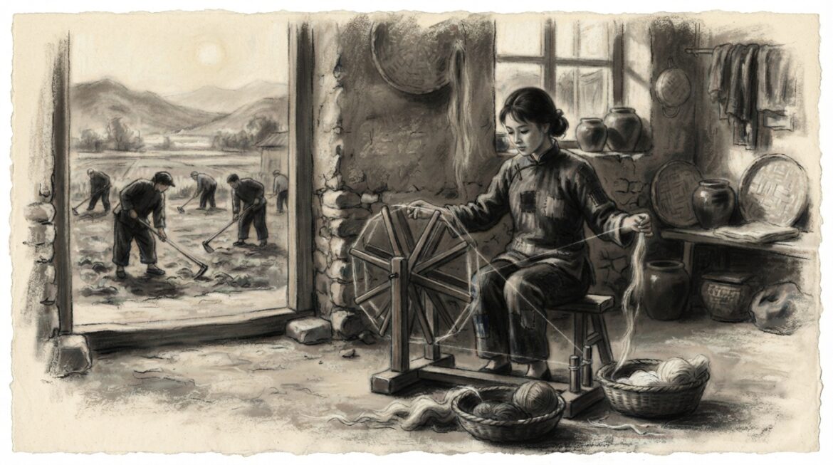 A young woman at a spinning wheel.