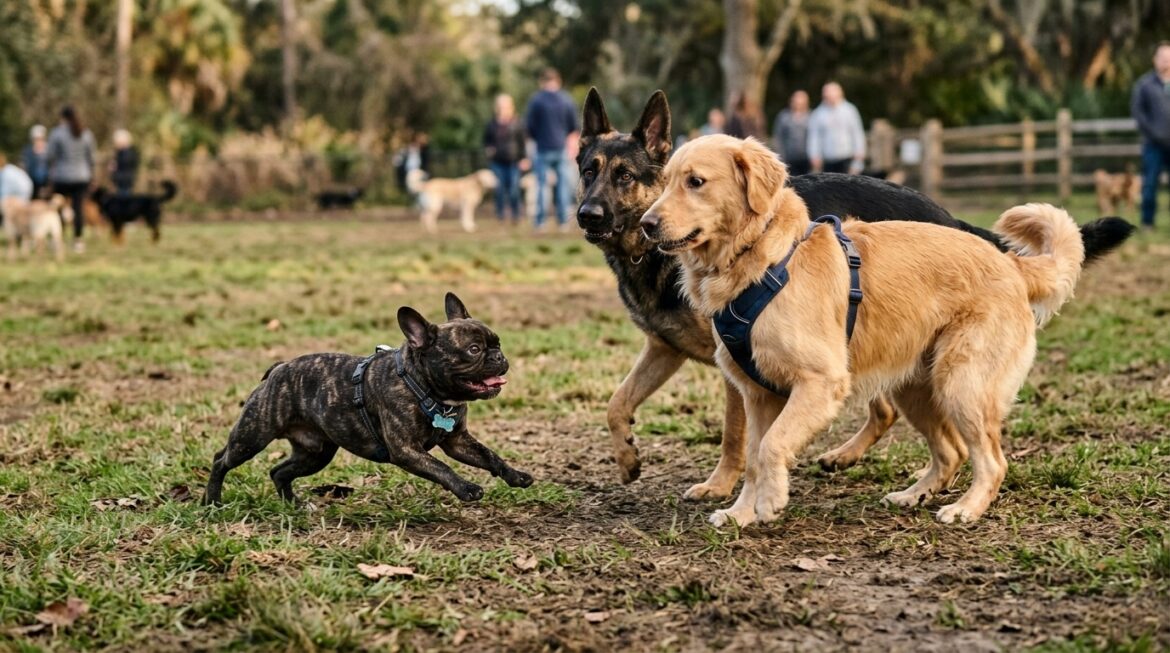 A French Bulldog charging two larger dogs.
