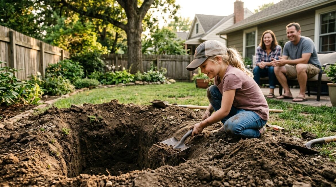 Little girl digging a hole.