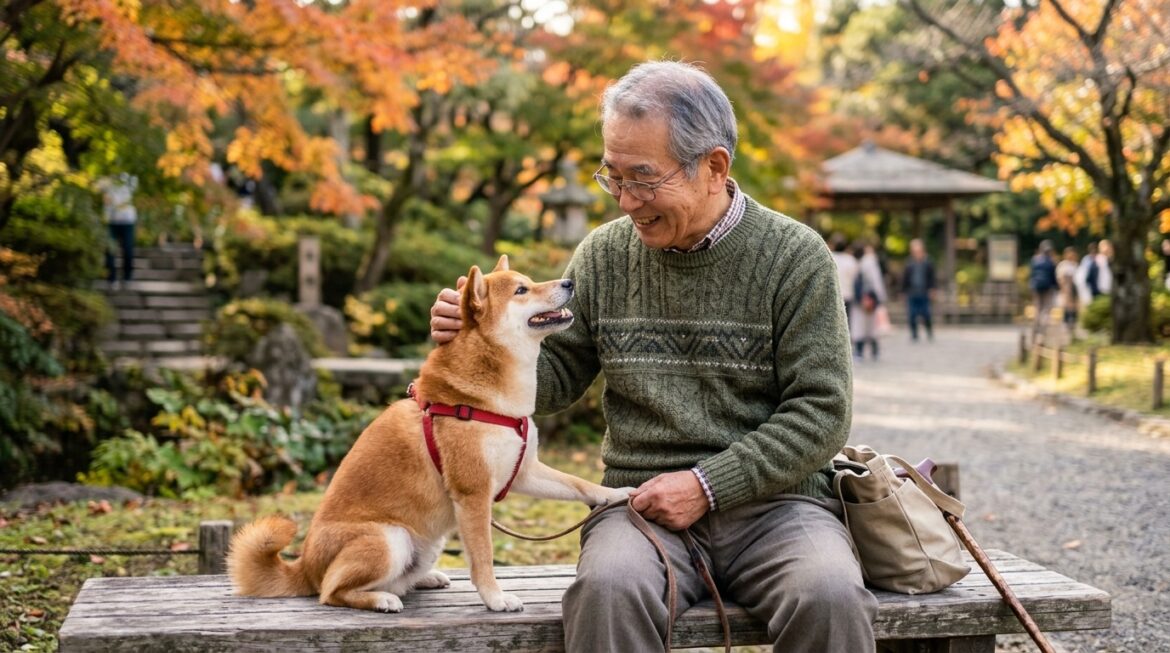 A Japanese man with his pet dog.