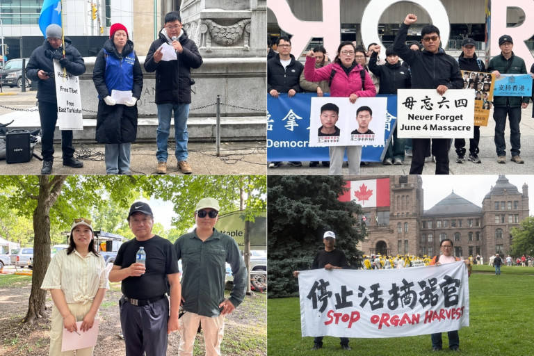 Clockwise from top left: the couple spoke at an International Human Rights Day rally on Dec. 7, 2025; taking part in the 160th Jasmine Action at Toronto City Hall on May 5, 2026; attending a rally marking 27 years of Falun Gong’s resistance to persecution outside the Ontario Legislative Building on July 18, 2026; and attending a Canada Day event marking the third anniversary of Freedom Maple with Chinese democracy activist Wang Juntao on July 1, 2026.