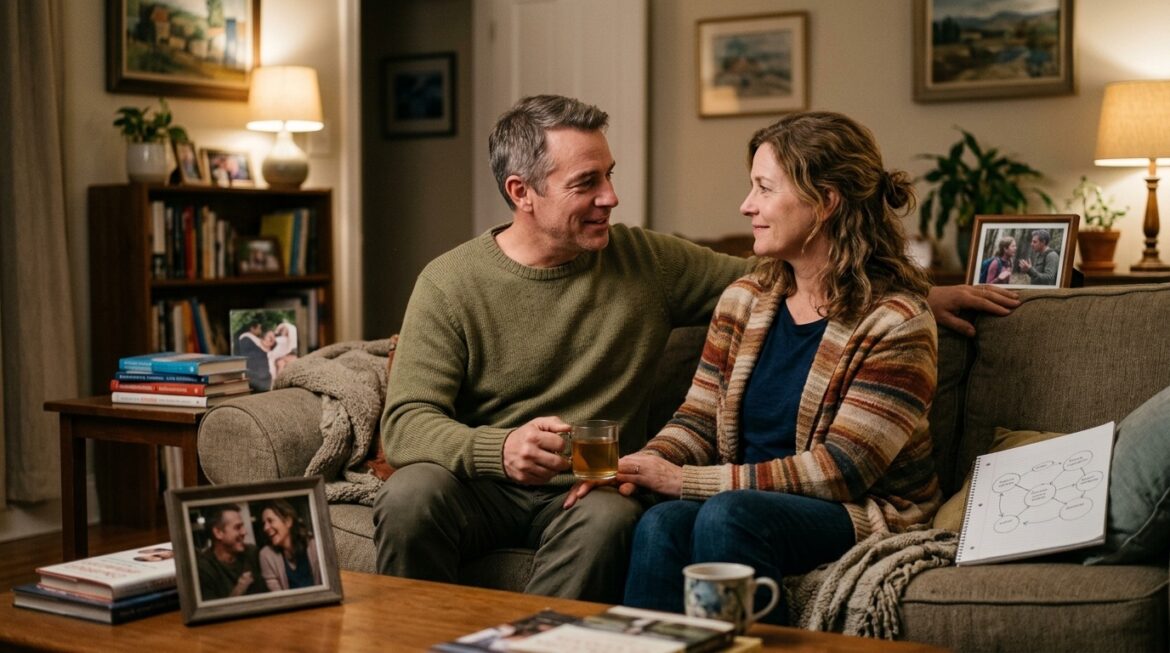 A married couple talking on a sofa.