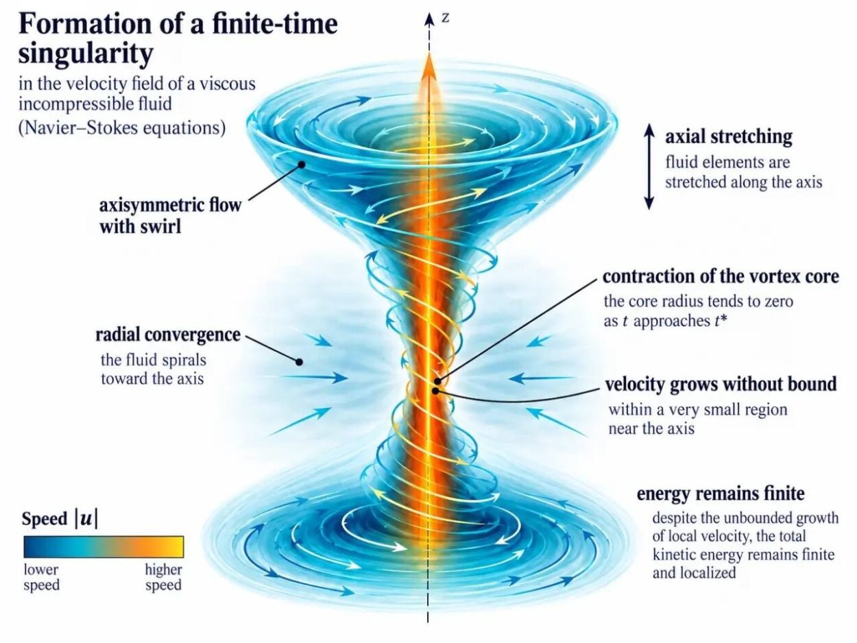 A snapshot of local incompressible motion. Orange marks faster angular rotation; teal marks slower rotation. Circulating speed also depends on radius. The trajectories show inward spiraling and axial stretching.