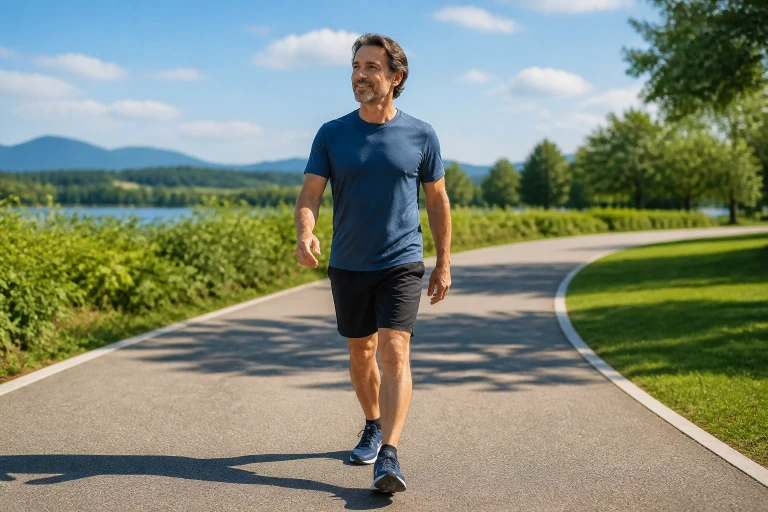 An ordinary adult walks briskly along an open public path with arms swinging and a purposeful stride.