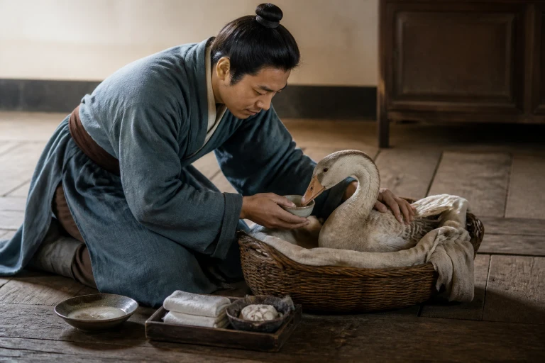 A physician kneels beside a woven basket and supports a recovering goose’s wing while offering it water on folded cloth.