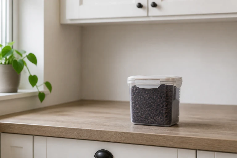 An opaque airtight container of coffee beans sits closed on a kitchen shelf away from the refrigerator.