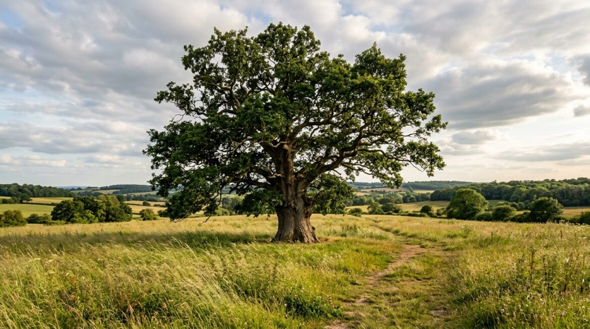 A large oak tree in a field.
