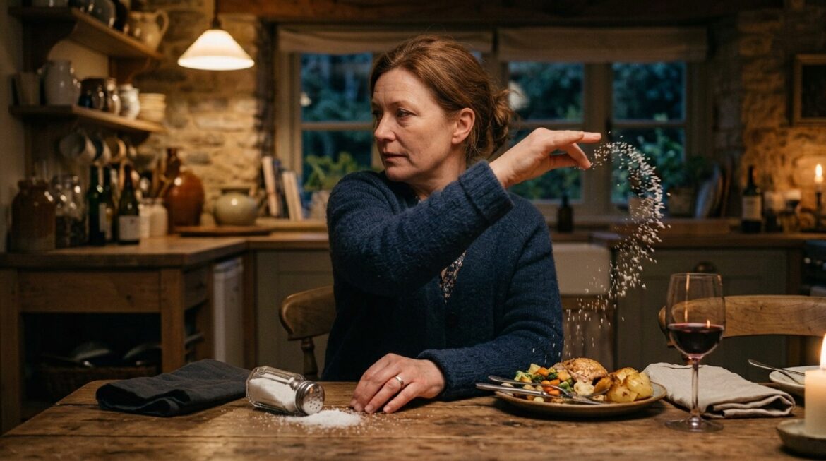 A woman pouring spilled salt over her left shoulder.