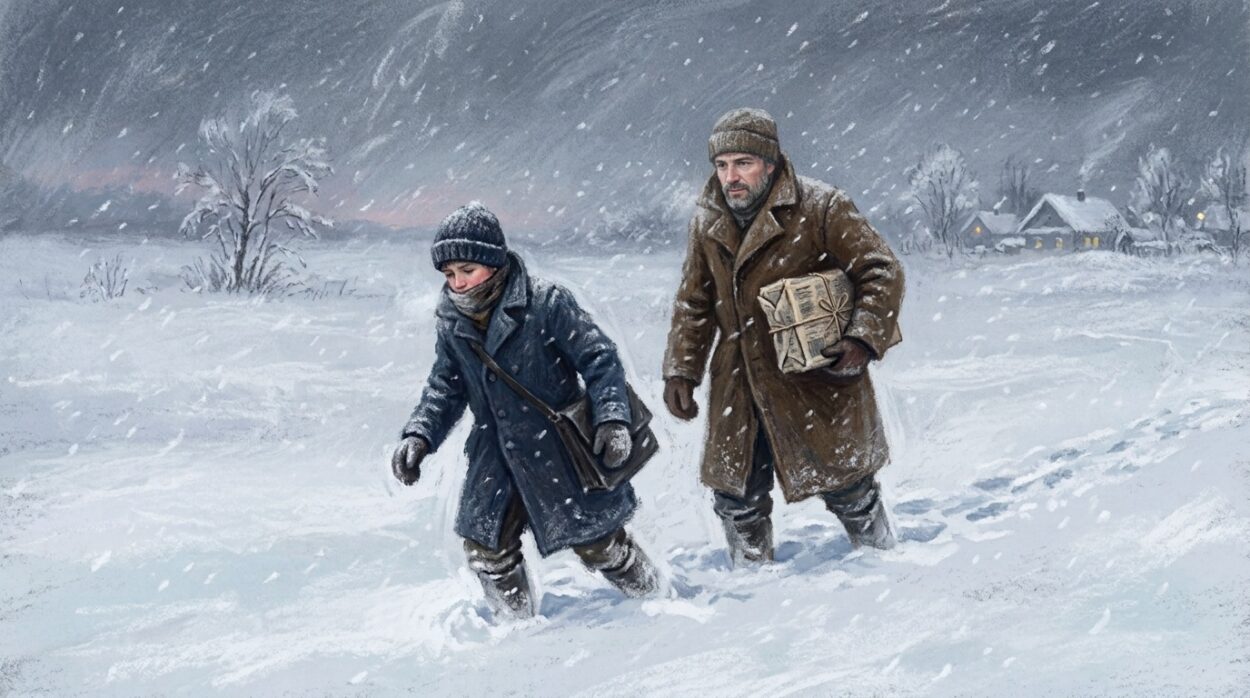Despite the extreme weather conditions, my father insisted on accompanying me across the frozen countryside, quietly carrying a small package wrapped tightly in old newspaper.