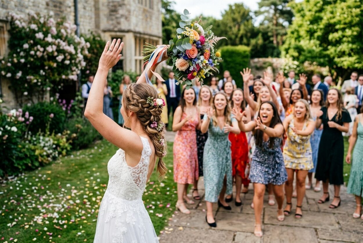 Then there is the wedding bouquet toss. The bride turns her back to the guests and throws her bouquet over her shoulder; whoever catches it is said to be the next person to marry.