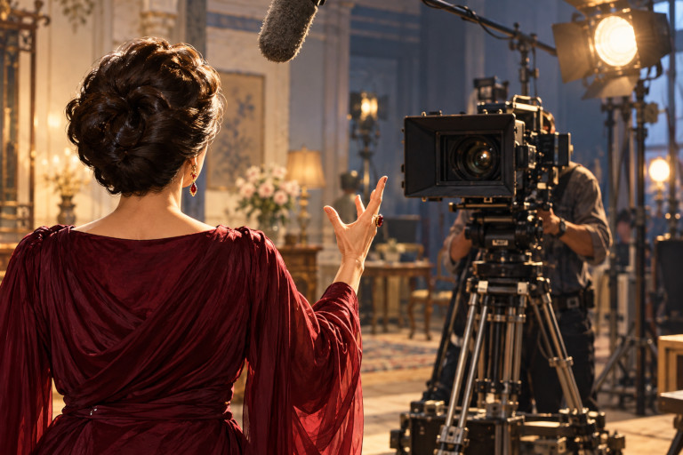 AI-generated image of a Chinese actress performing on a Hollywood film set, viewed from behind as a motion-picture camera films her from the front.