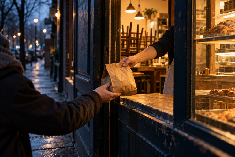 AI-generated image of a bakery worker handing a brown paper bag of food to a person outside the shop at closing time.