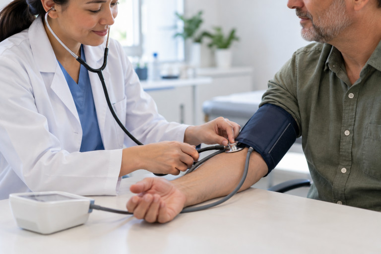 AI-generated image of a female healthcare professional measuring a middle-aged man's blood pressure during a medical appointment.