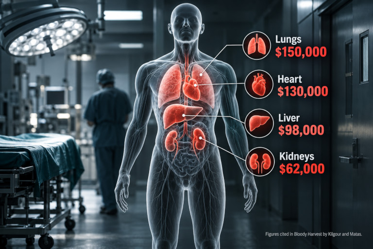 AI-generated image of a translucent anatomical figure in a hospital setting with price labels for lungs ($150,000), heart ($130,000), liver ($98,000), and kidneys ($62,000).