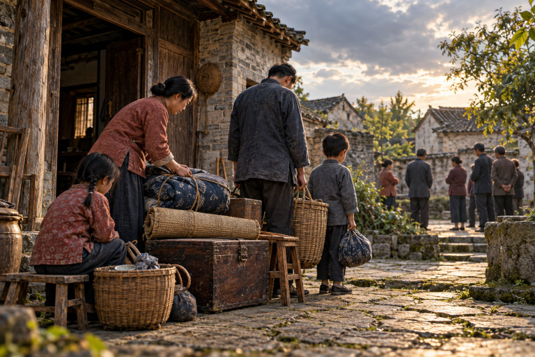 AI-generated image of a rural Chinese family gathering household belongings outside their village home while other villagers stand apart in the background.