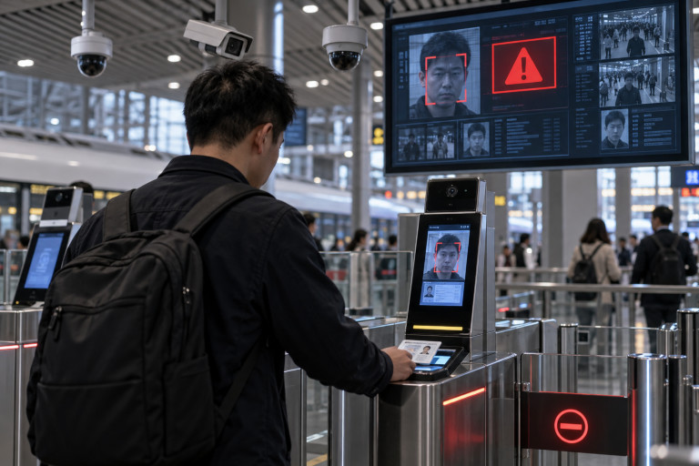 AI-generated image of a Chinese traveler scanning his ID card at a train station checkpoint, where surveillance cameras and facial recognition screens display a security alert.