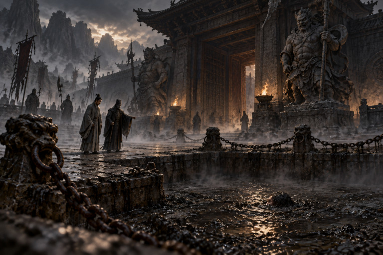 AI-generated image of two Chinese men in ancient robes standing beside a murky pit outside a massive underworld gate, with a partially submerged figure visible in the water.