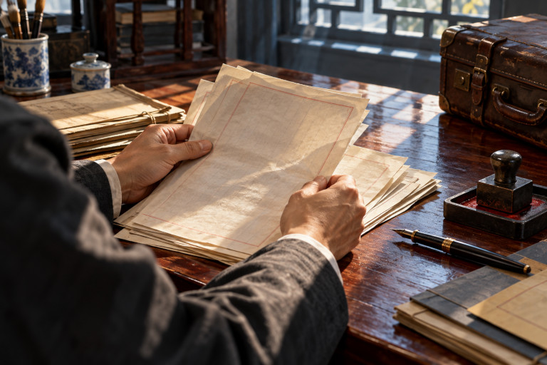 AI-generated image of hands reviewing legal documents on a wooden desk with an ink stamp, fountain pen, and leather travel case.