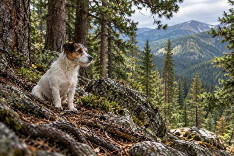 AI-generated image of a small white Jack Russell terrier with brown and black markings sitting among rocks and pine trees in the Colorado mountains.