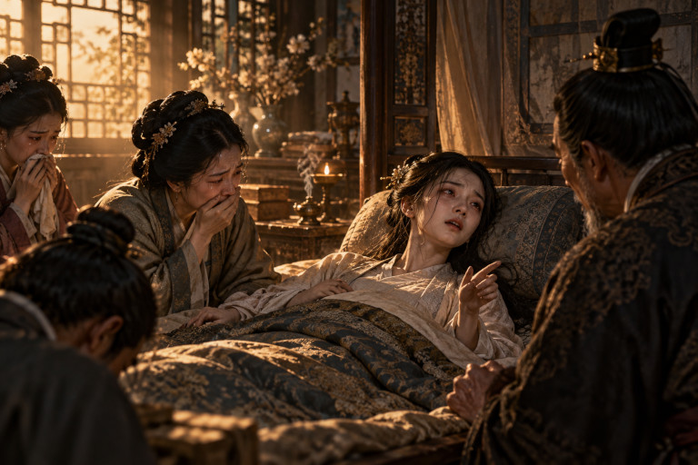 AI-generated image of a seriously ill teenage Chinese girl speaking from her bed as distressed family members gather around her in a traditional Southern Song Dynasty home.