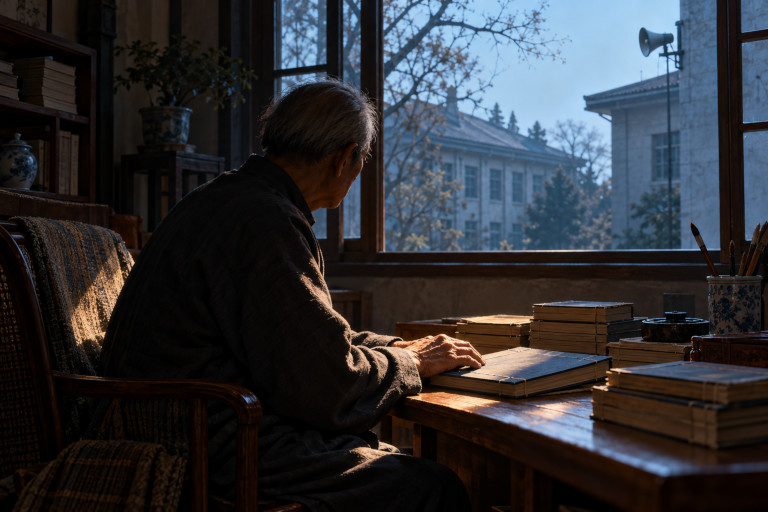AI-generated image of an elderly Chinese scholar seated among books in his study, with a loudspeaker visible outside the window.