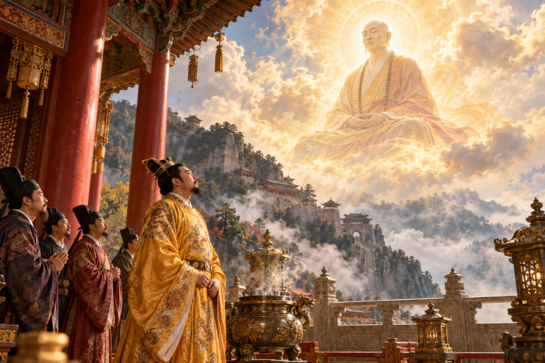 AI-generated image of Emperor Taizong and his officials looking upward at a luminous apparition of Monk Zhichao above Mianshan.