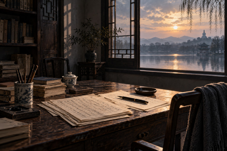 AI-generated image of a traditional Chinese writer's study with manuscripts, books, and writing instruments on a wooden desk overlooking a peaceful lake.