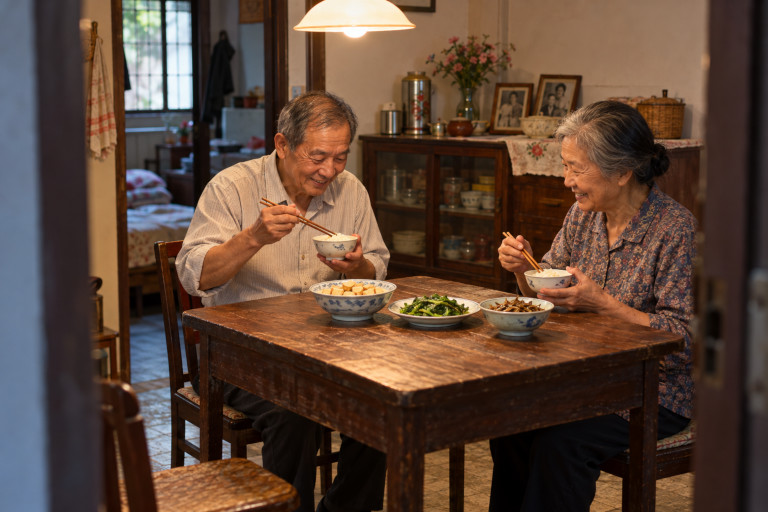AI-generated image of an elderly Taiwanese couple sharing a modest meal of tofu, spinach, and dried fish at a wooden table in their simply furnished home.