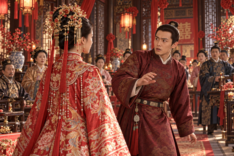 AI-generated image of a Chinese bride in an elaborate red wedding gown and golden headdress facing a visibly shocked man inside a richly decorated traditional wedding hall.