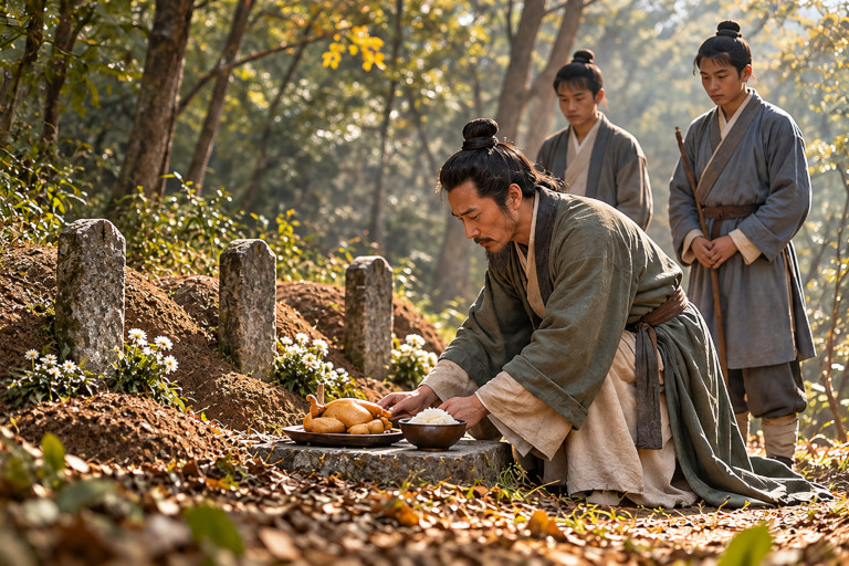 When three travelers died far from home, Wang Yangming and two young attendants buried them and offered food at their graves, demonstrating compassion for strangers whose fate could easily have been their own.