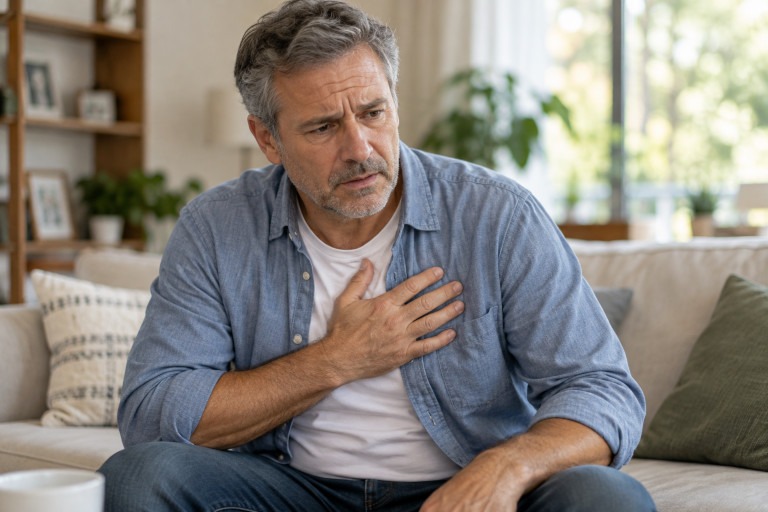 AI-generated image of a middle-aged man sitting on a sofa with one hand against his chest and a concerned expression on his face.