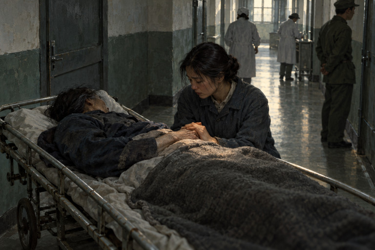 AI-generated image of an elderly Chinese woman lying on a hospital stretcher while a younger woman sits beside her, holding her hand in a dimly lit corridor.