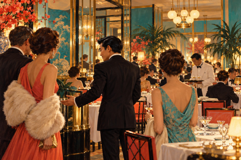AI-generated image of a stylish Chinese restaurateur welcoming elegantly dressed guests into a brightly lit, upscale London restaurant in the 1960s.